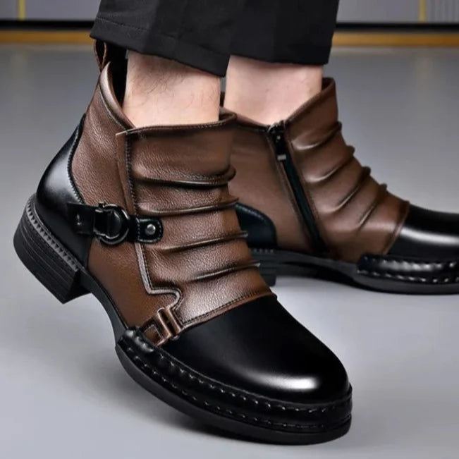 Ankle Boots Leather Side Zip Buckle Strap Layered Fold Winter Boots | Ines