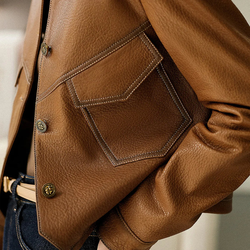 Faux Leather Jacket Women Utility Turn-Down Collar