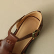 FJØRNA women's Italian leather brown adjustable strap sandals with open-toe design and low block heel.