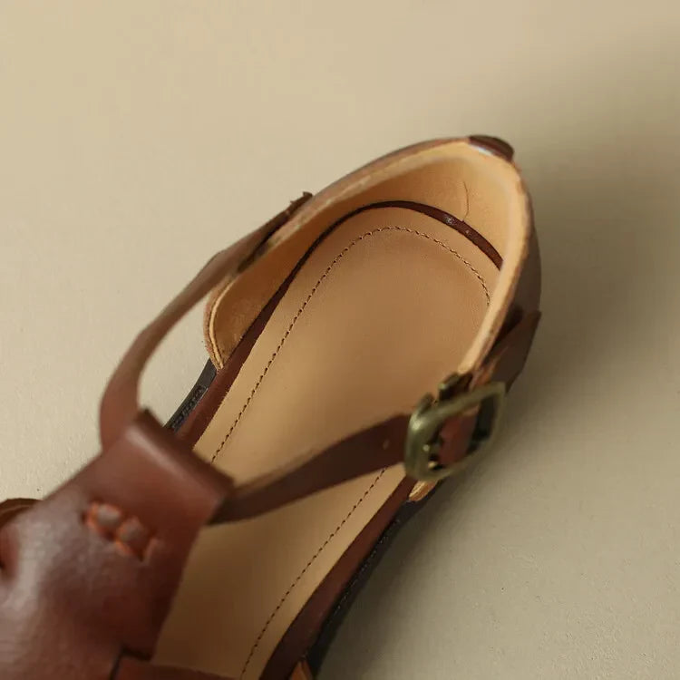 FJØRNA women's Italian leather brown adjustable strap sandals with open-toe design and low block heel.