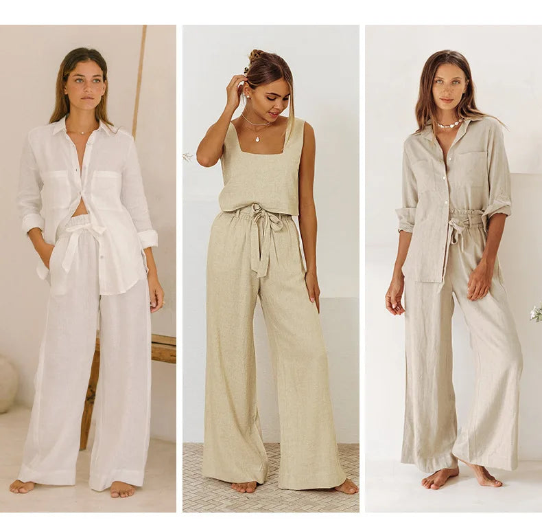 FJØRNA linen wide-leg trousers for women, loose pull-on pants with relaxed fit, lightweight and comfortable for casual wear.