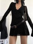 FJØRNA sheer lace mini dress for women, featuring delicate lace fabric, perfect for party or daytime occasions.