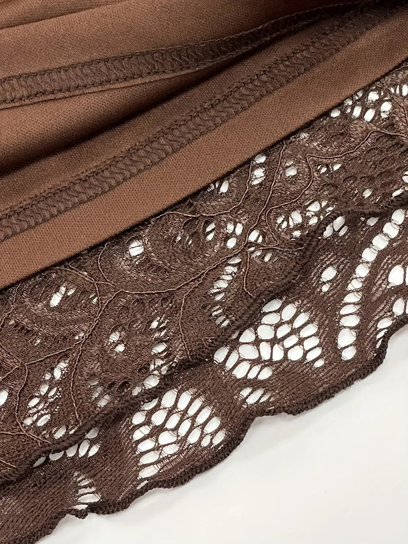 FJØRNA sheer lace mini dress for women, featuring a delicate, see-through design perfect for party or daytime wear.