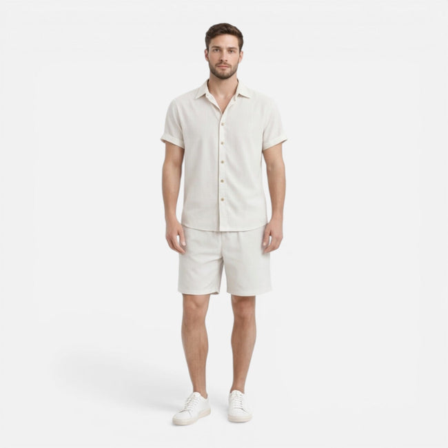 Men's lightweight summer shirt and shorts set by FJØRNA, casual co-ord with breathable fabric and relaxed fit.