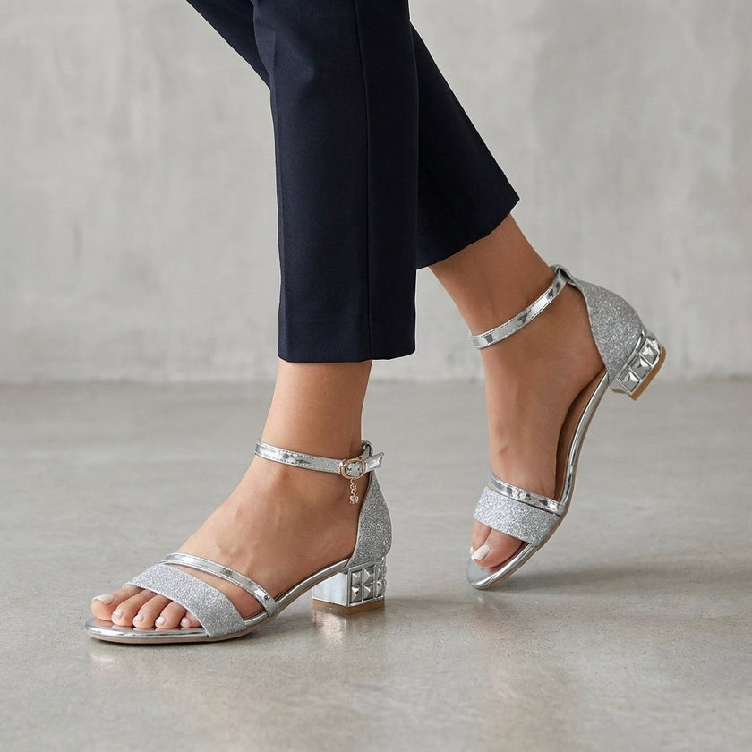 Silver FJØRNA orthopedic metallic block heel ankle strap sandals for women with open toe and adjustable strap design