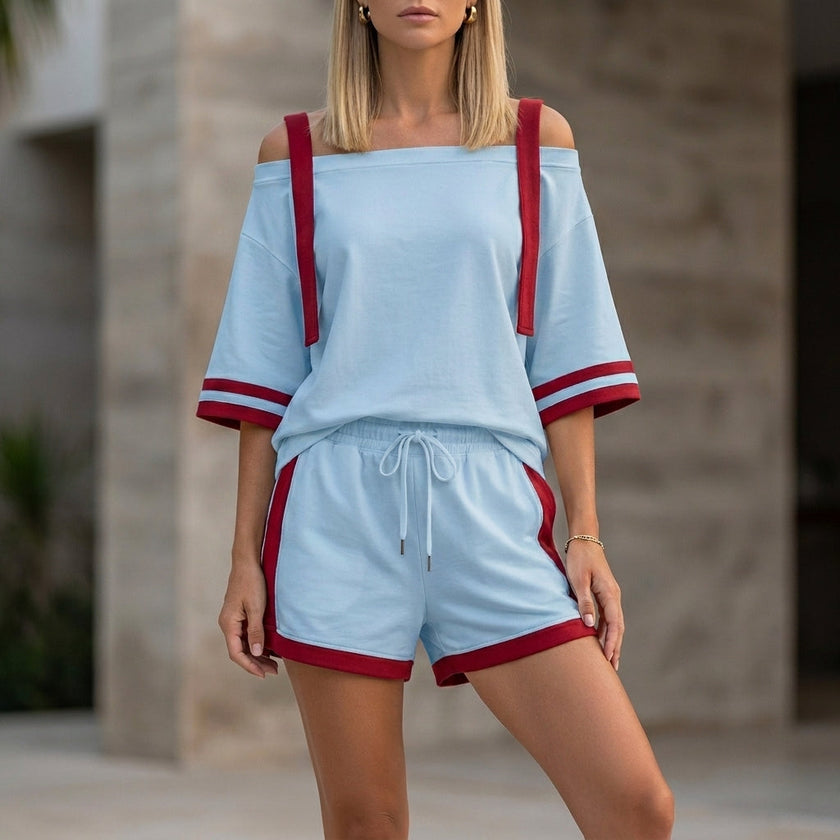 Sky blue women's summer two-piece co-ord set with drawstring off-shoulder top and matching shorts by FJØRNA.