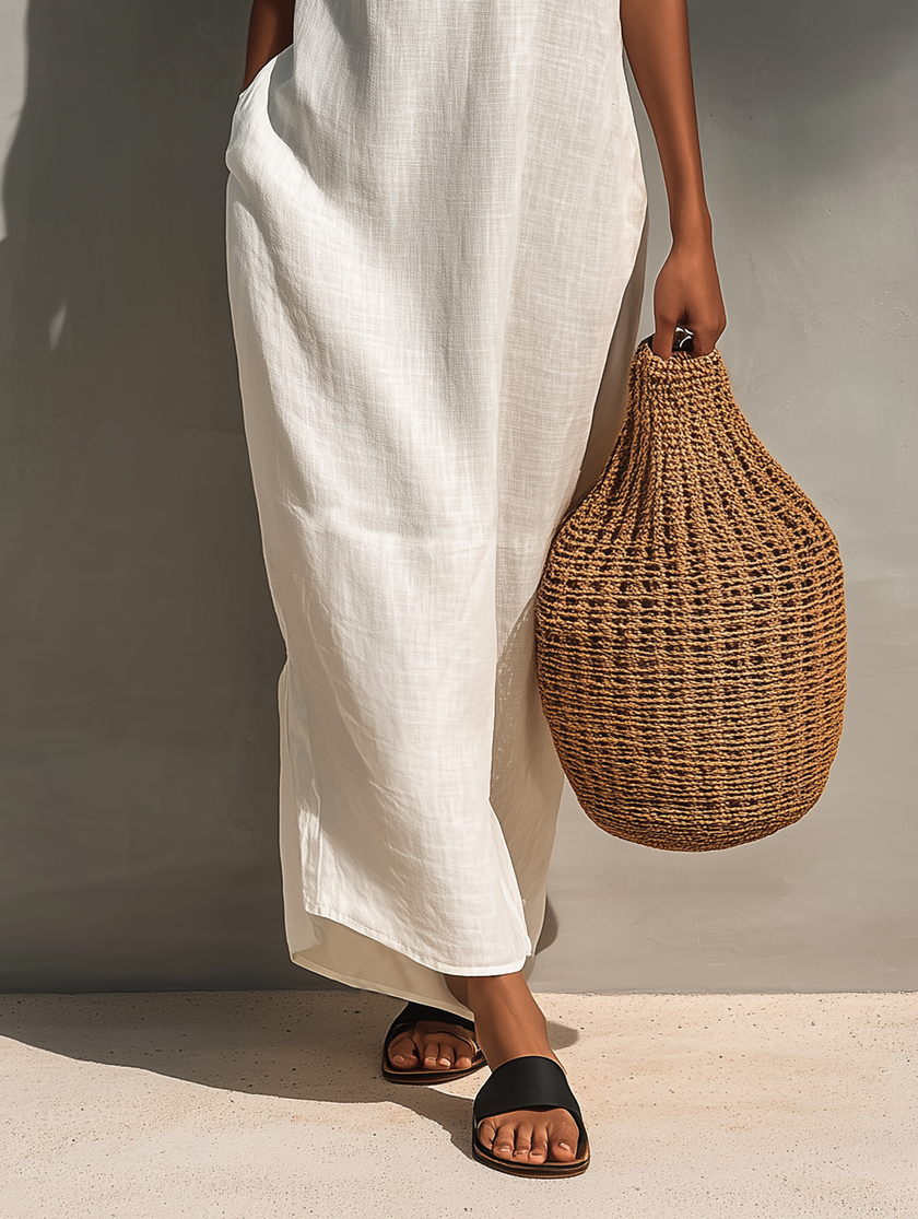FJØRNA sleeveless maxi dress for women with flowy fabric and elegant design, perfect for casual or summer wear.