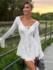 Pink soft girl ruffled mini dress by FJØRNA featuring a feminine design, perfect for parties or daytime wear.