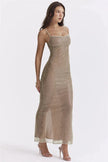 White FJØRNA sparkle sequined fit maxi dress, elegant evening dress with shimmering embellishments and a fitted silhouette.