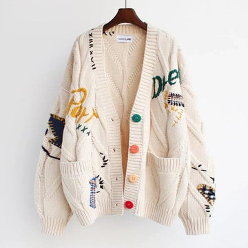 Patchwork Knit Cardigan Women Chunky Button Front