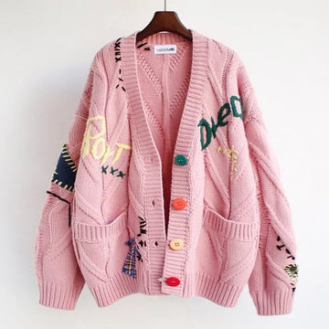 Patchwork Knit Cardigan Women Chunky Button Front