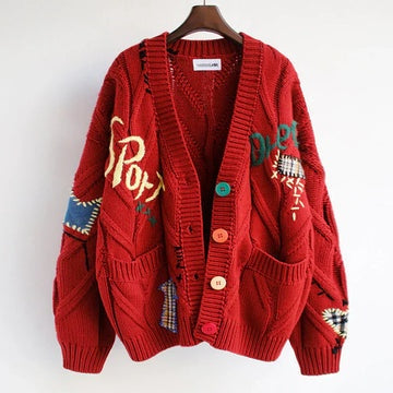 Patchwork Knit Cardigan Women Chunky Button Front