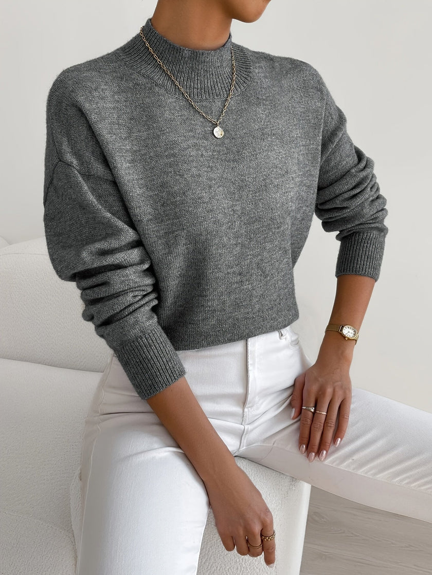 Knit Sweater Women Cotton Blend High Neck Relaxed Fit