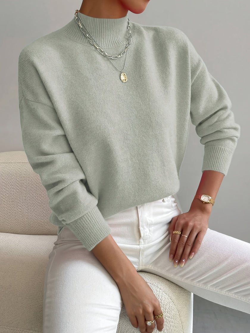 Knit Sweater Women Cotton Blend High Neck Relaxed Fit