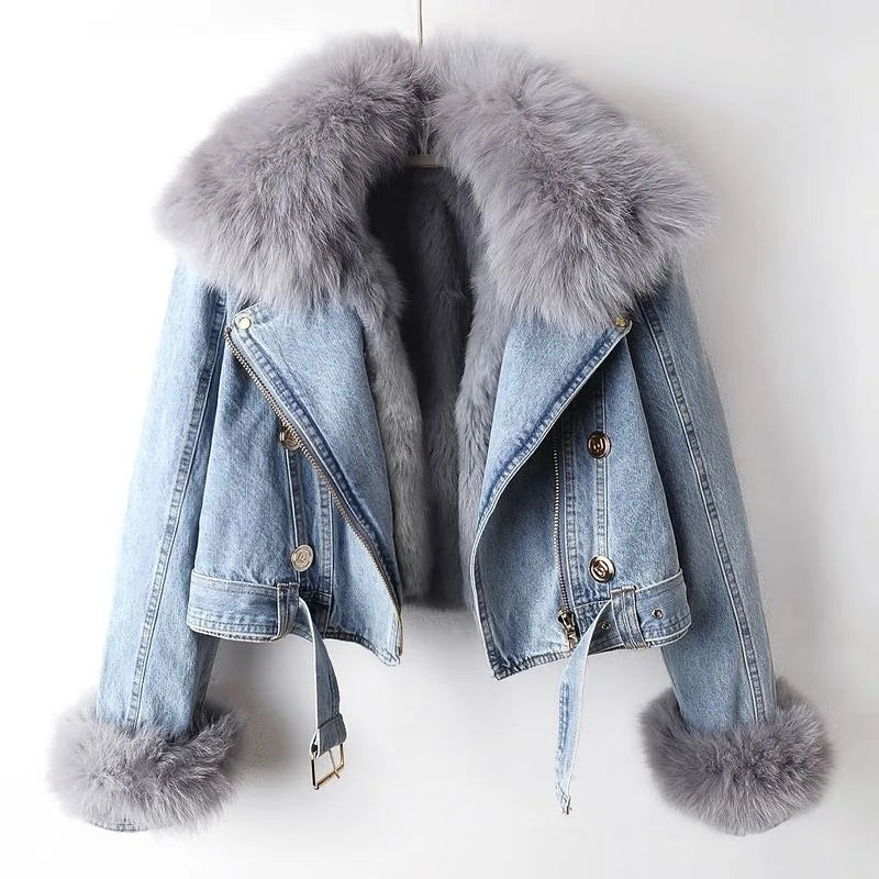 Denim Jacket Women Faux Fur Collar Button Front