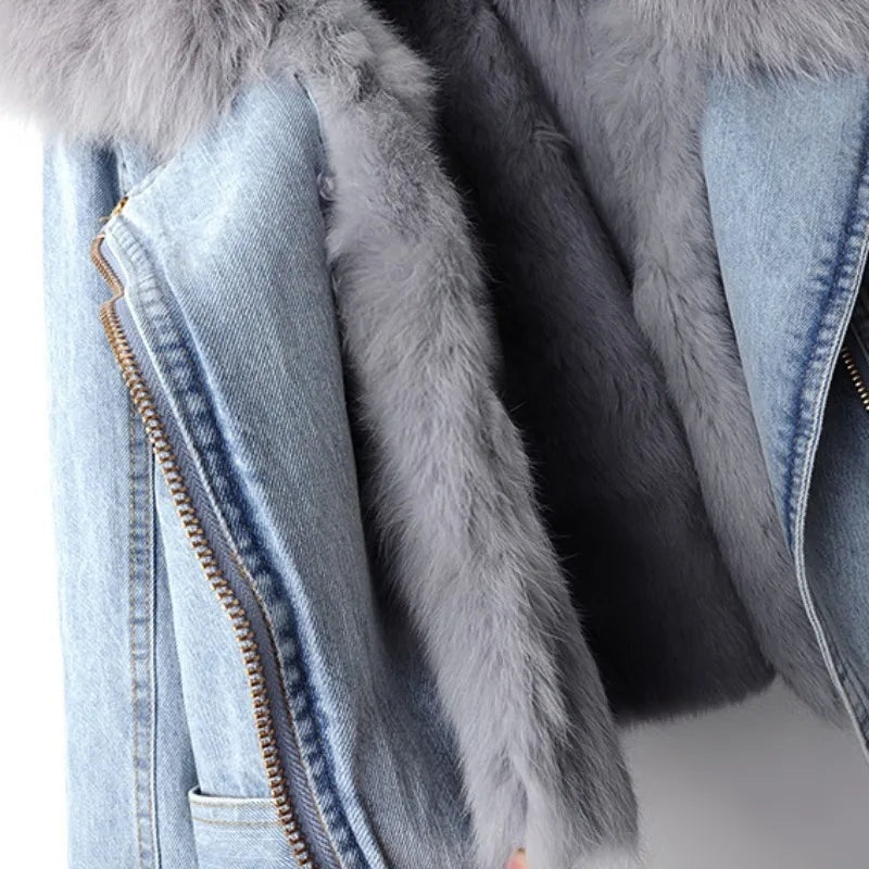 Denim Jacket Women Faux Fur Collar Button Front