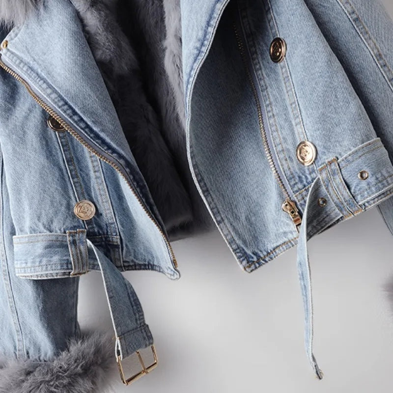 Denim Jacket Women Faux Fur Collar Button Front