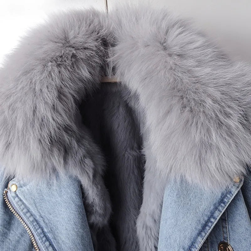 Denim Jacket Women Faux Fur Collar Button Front