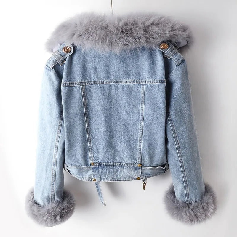 Denim Jacket Women Faux Fur Collar Button Front