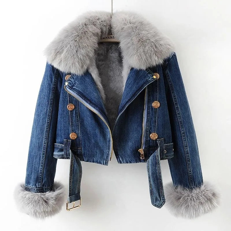 Denim Jacket Women Faux Fur Collar Button Front