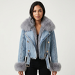 Denim Jacket Women Faux Fur Collar Button Front