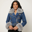 Denim Jacket Women Faux Fur Collar Button Front