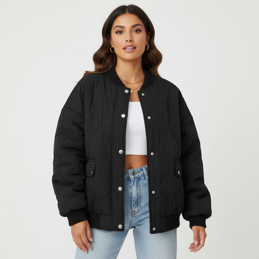 Quilted Bomber Jacket Women Ribbed Cuffs Winter