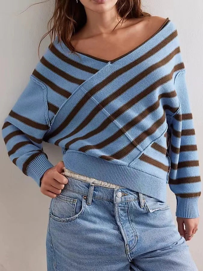 Off-Shoulder Sweater Women Striped Knit Relaxed Fit