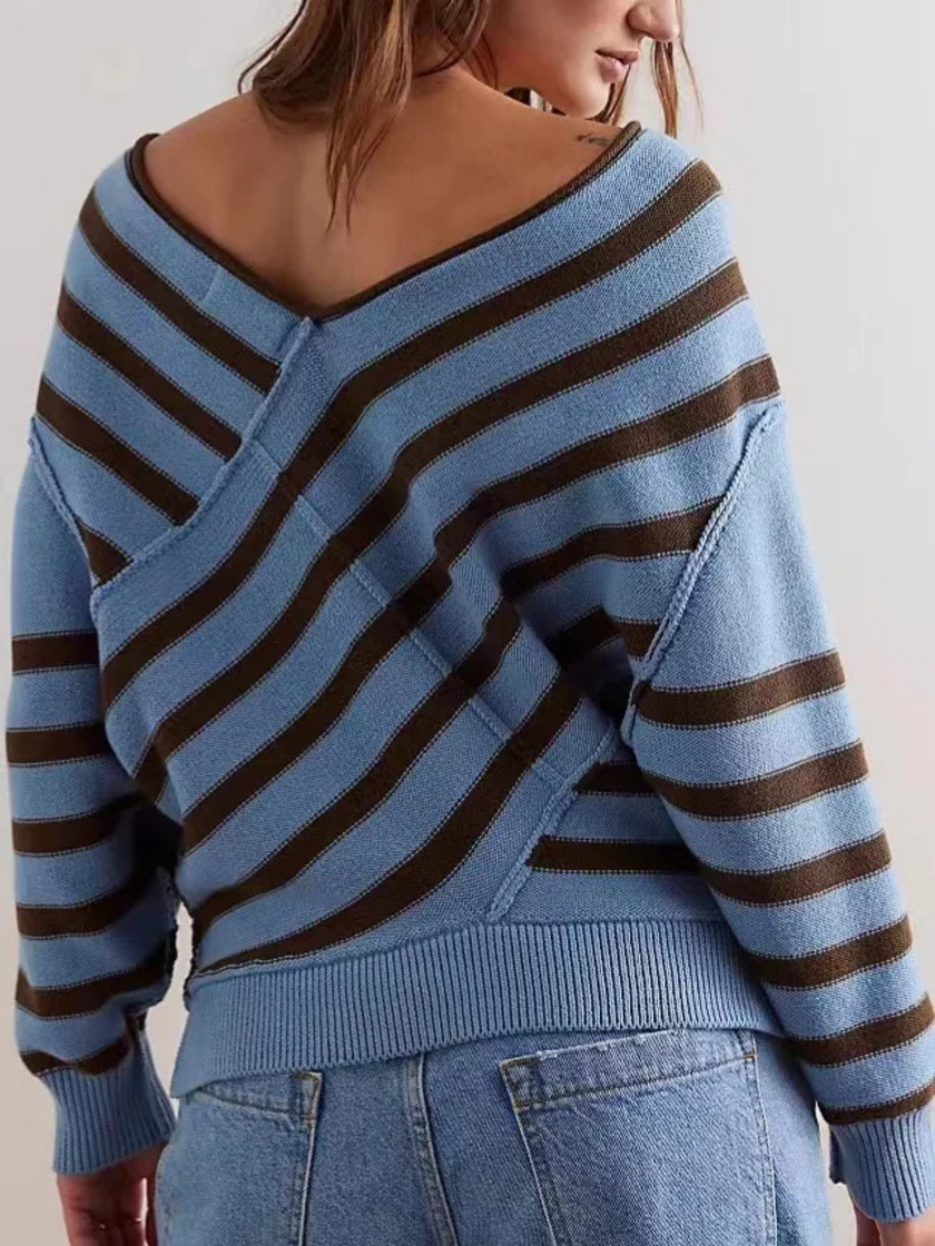 Off-Shoulder Sweater Women Striped Knit Relaxed Fit