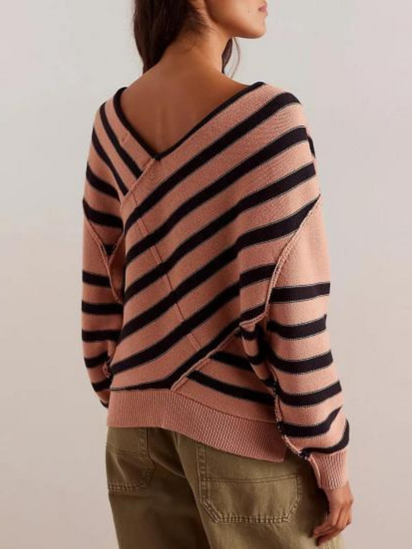 Off-Shoulder Sweater Women Striped Knit Relaxed Fit