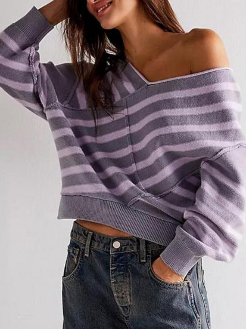 Off-Shoulder Sweater Women Striped Knit Relaxed Fit