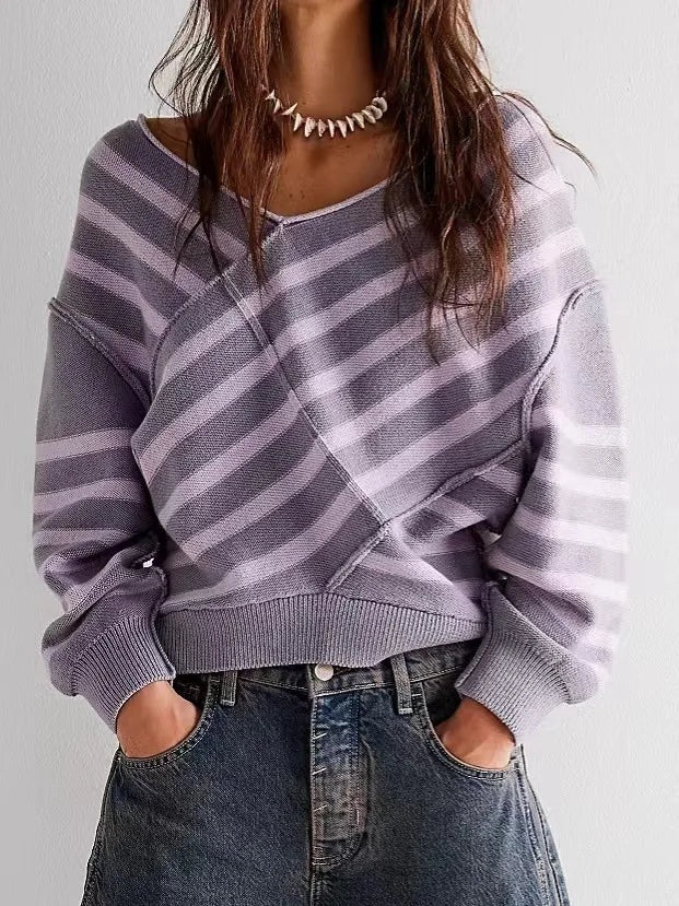 Off-Shoulder Sweater Women Striped Knit Relaxed Fit