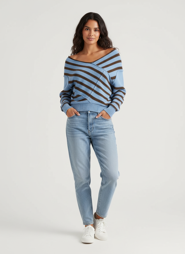 Autumn | Women's Striped Off-Shoulder Sweater Pullover with Knit Elegant for Autumn