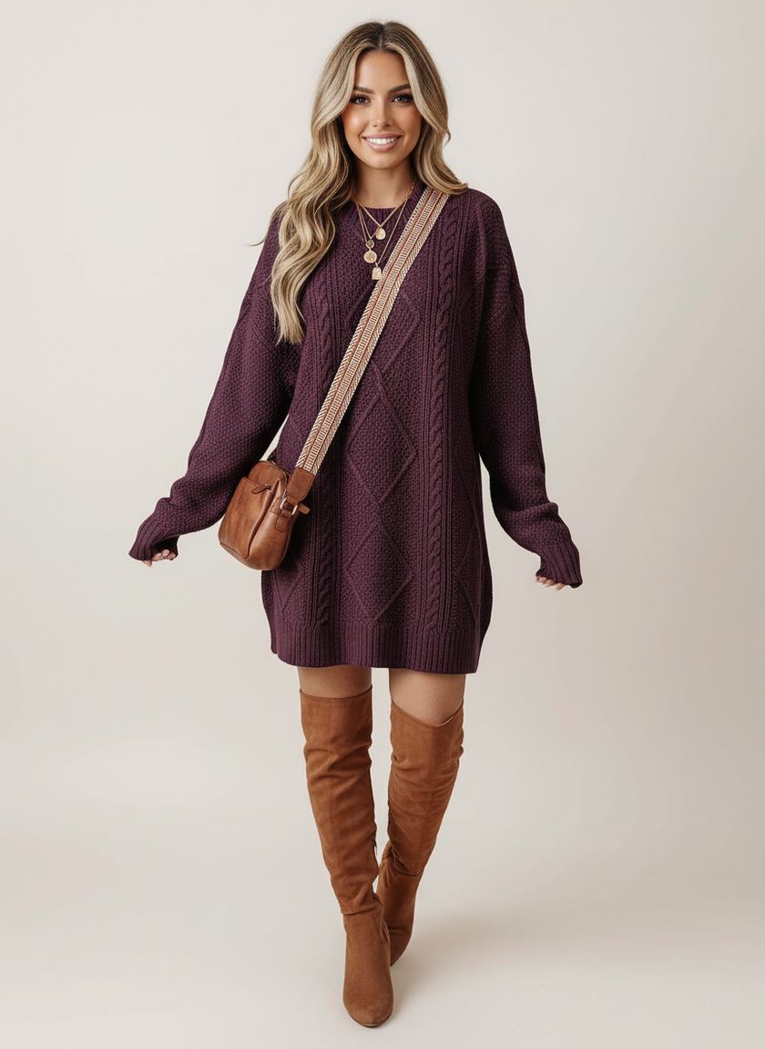 Cable Knit Sweater Dress Women Long Sleeve Relaxed Fit