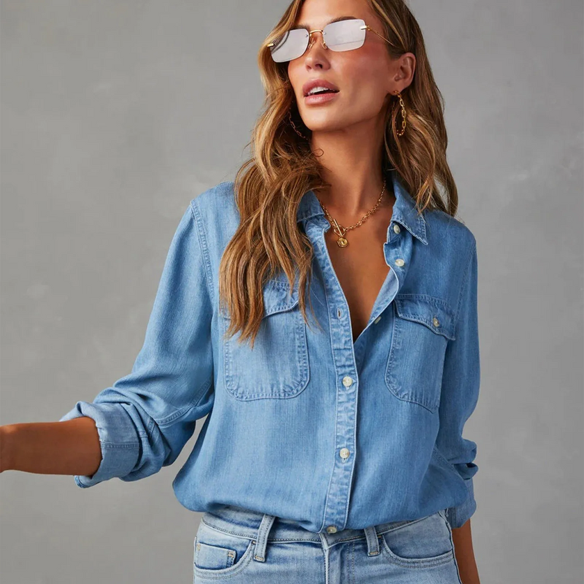 Denim Shirt Women, Soft-Wash Relaxed Fit Button-Front Blouse