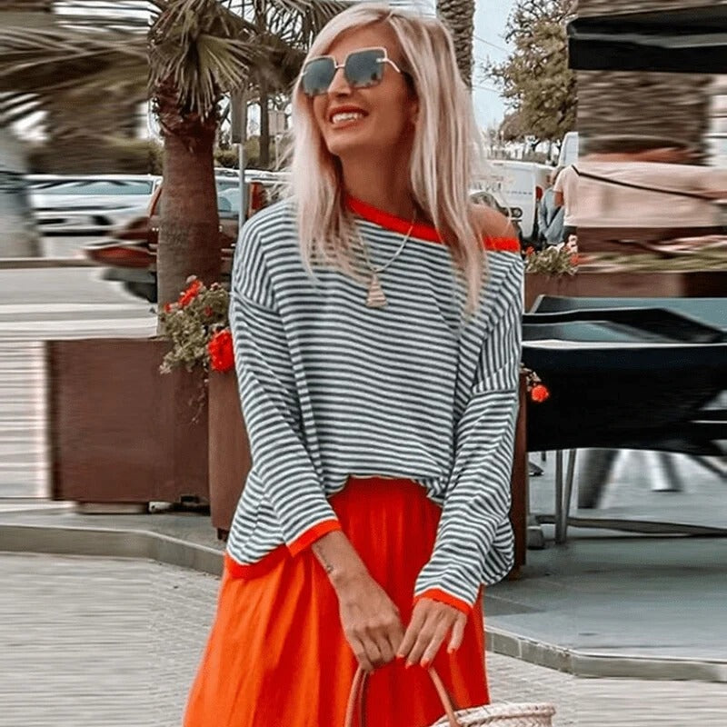 Knit Sweater Women Striped Relaxed Fit Soft Lightweight