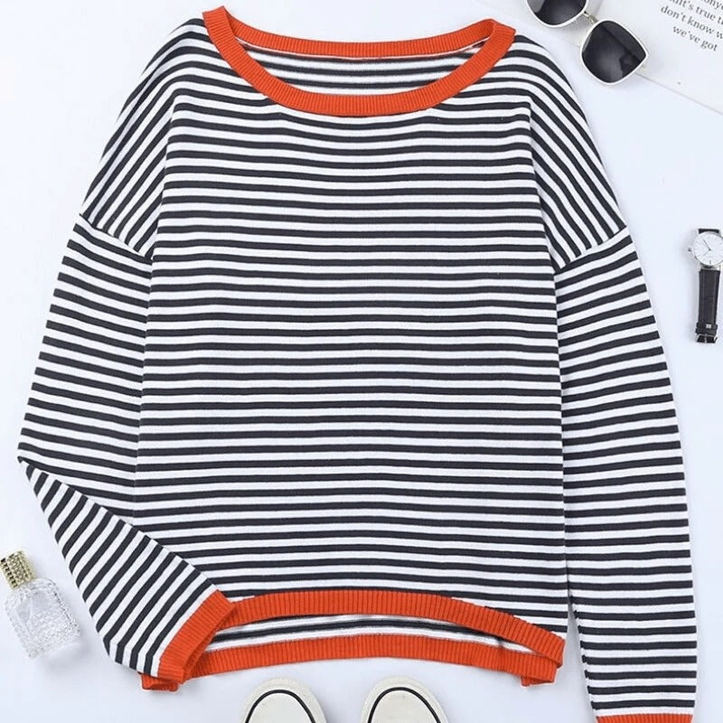Knit Sweater Women Striped Relaxed Fit Soft Lightweight