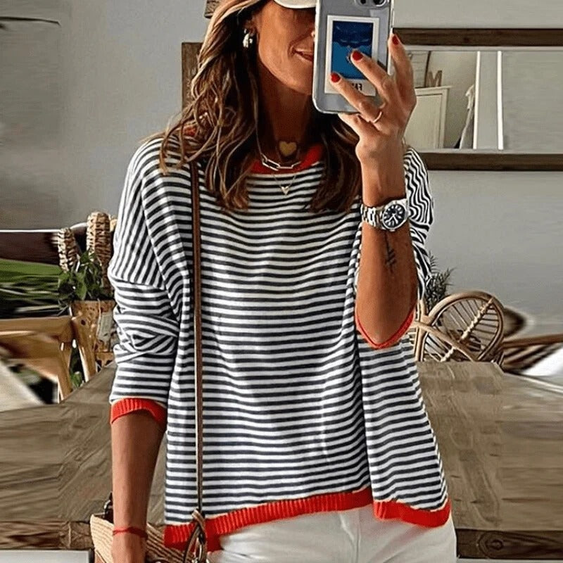 Knit Sweater Women Striped Relaxed Fit Soft Lightweight