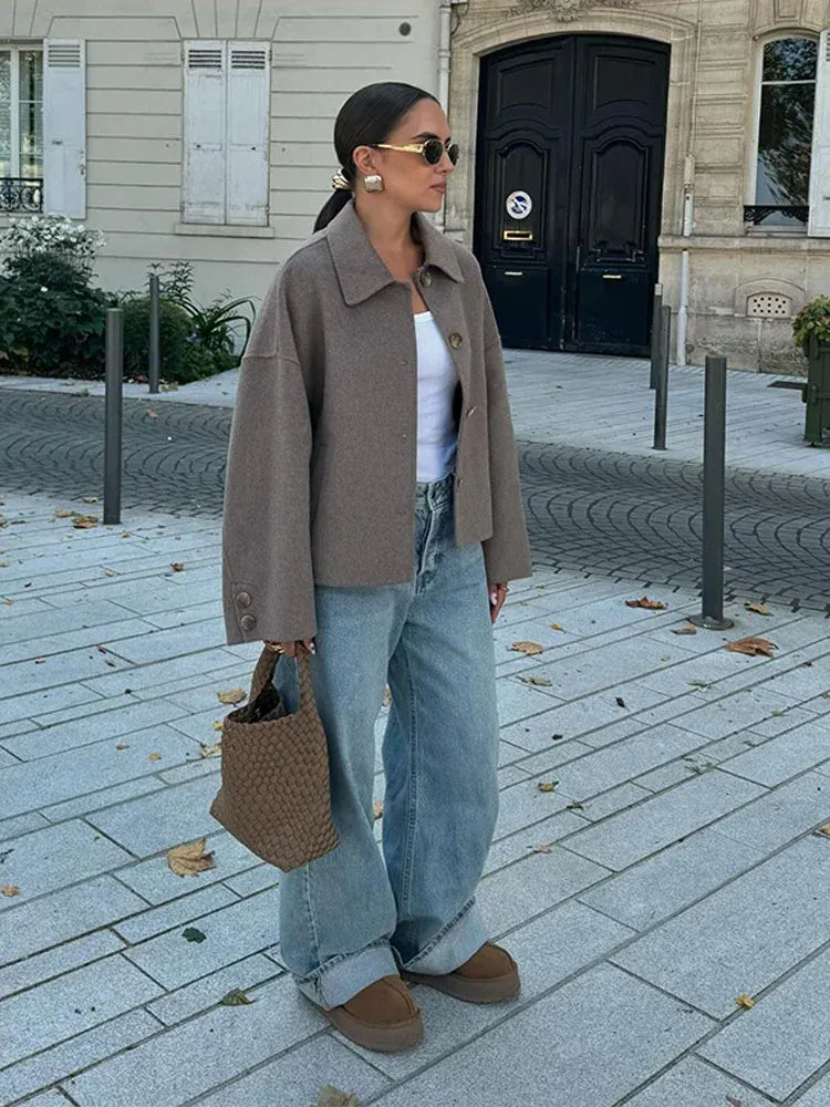 Wool Blend Coat Women Short Cropped Winter Outerwear