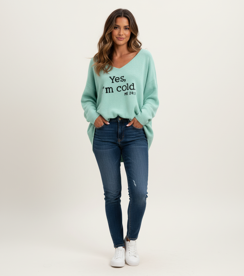 Oversized Pullover Sweater Women Statement Print V-Neck