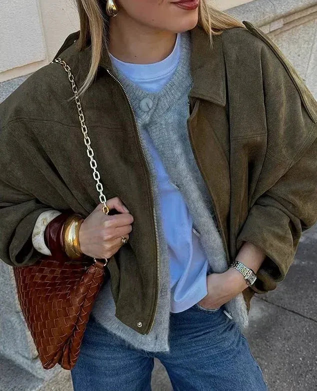 Suede Jacket Women Oversized Neutral with Deep Pockets