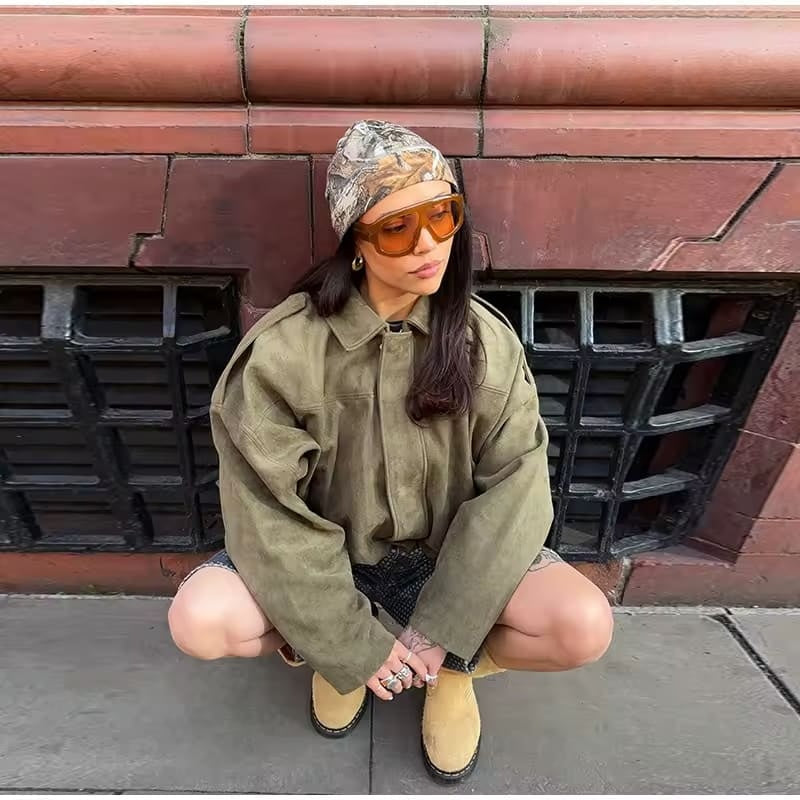 Suede Jacket Women Oversized Neutral with Deep Pockets
