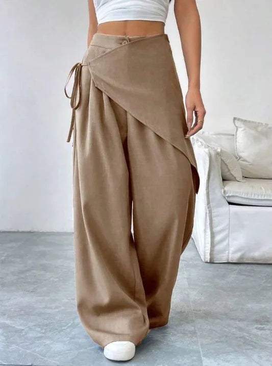 Wide Leg Trousers Women Cotton Blend Wrap Front High Waist