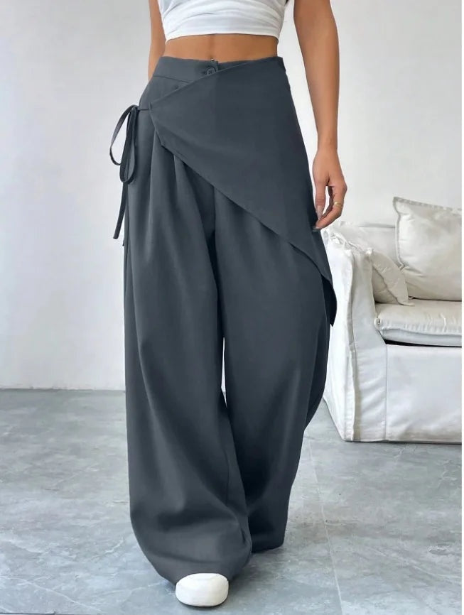 Wide Leg Trousers Women Cotton Blend Wrap Front High Waist