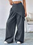 Wide Leg Trousers Women Cotton Blend Wrap Front High Waist