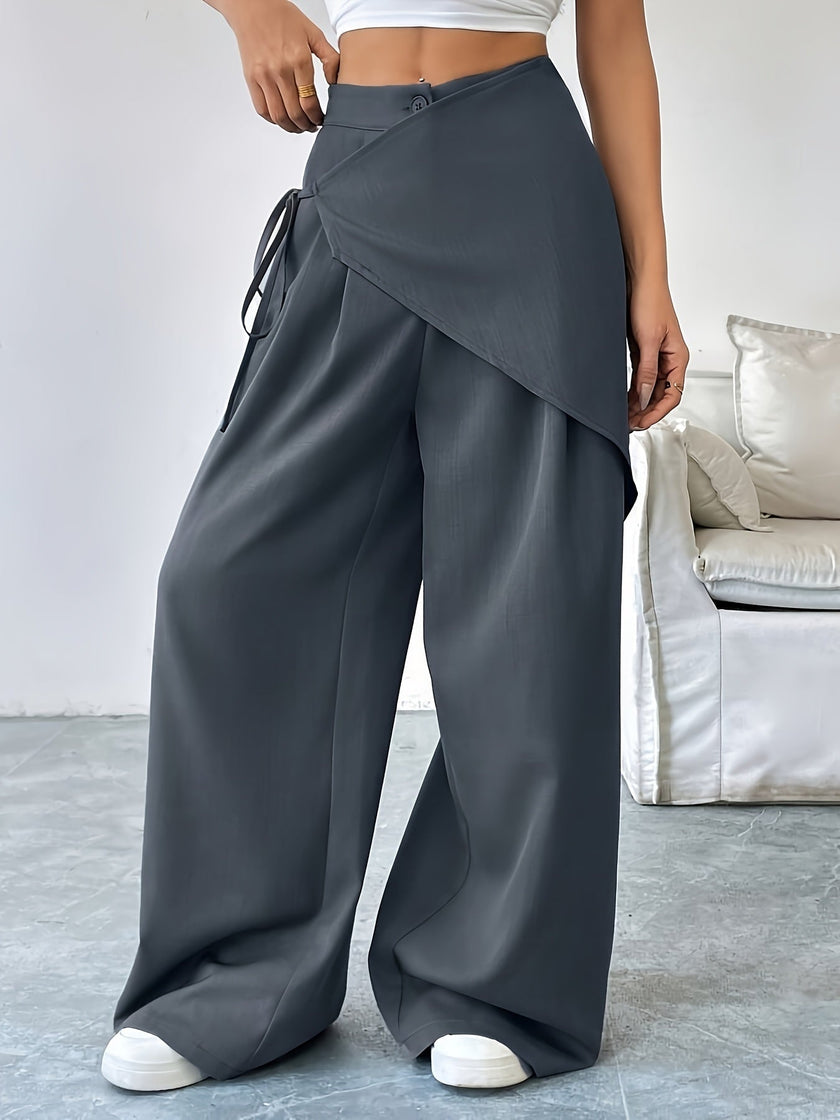Wide Leg Trousers Women Cotton Blend Wrap Front High Waist