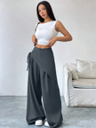 Wide Leg Trousers Women Cotton Blend Wrap Front High Waist