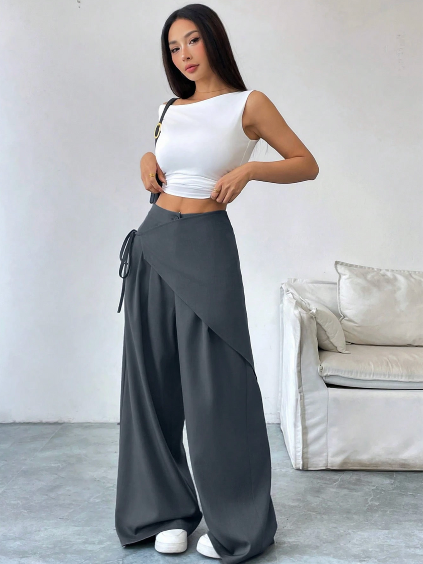 Wide Leg Trousers Women Cotton Blend Wrap Front High Waist