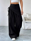 Wide Leg Trousers Women Cotton Blend Wrap Front High Waist