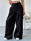 Wide Leg Trousers Women Cotton Blend Wrap Front High Waist